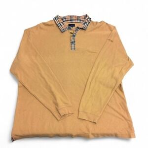 Vintage Burberry Golf Long Sleeve Polo Tan Check Collar Knight Logo XXL